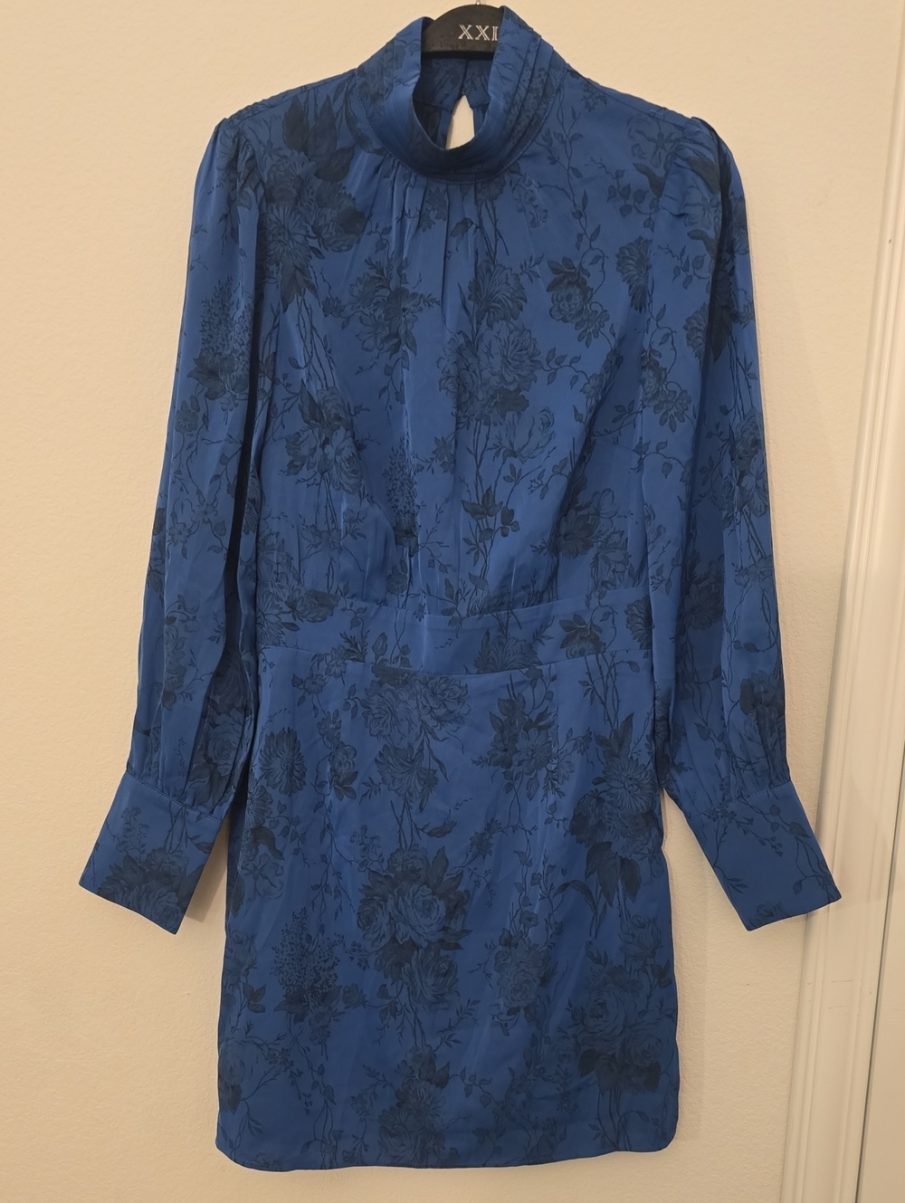 Good People Design Royal Blue Floral Mock-Neck Long-Sleeve Mini Dress